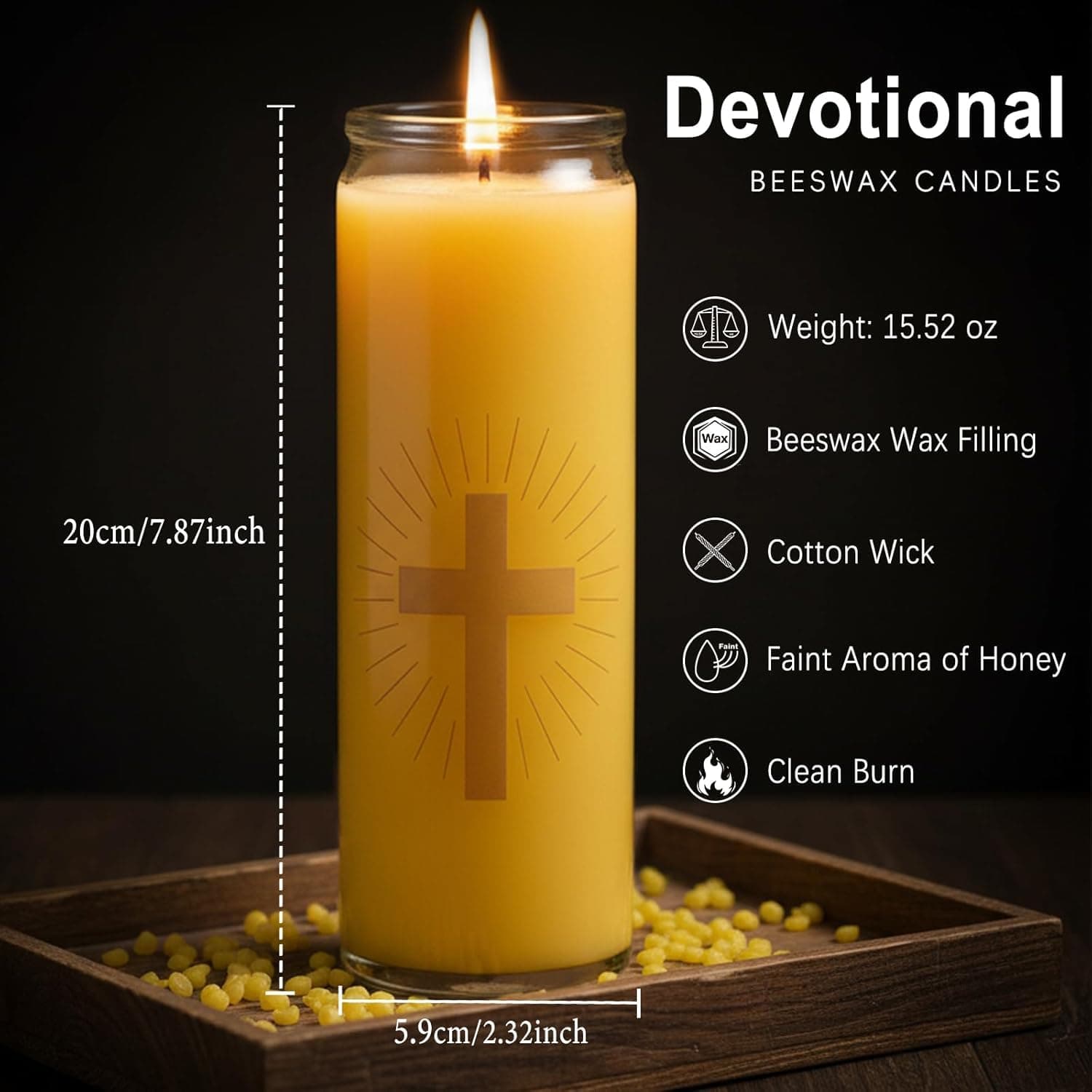Anovia devotional candle — 20cm tall, beeswax, cotton wick, faint honey aroma, clean burn
