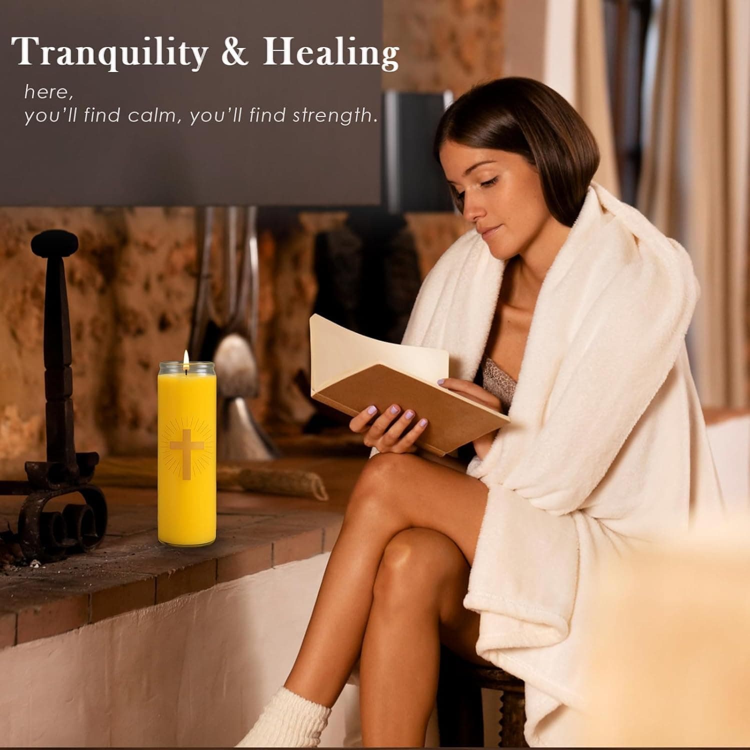 Tranquility and healing — Anovia candle with a woman reading nearby