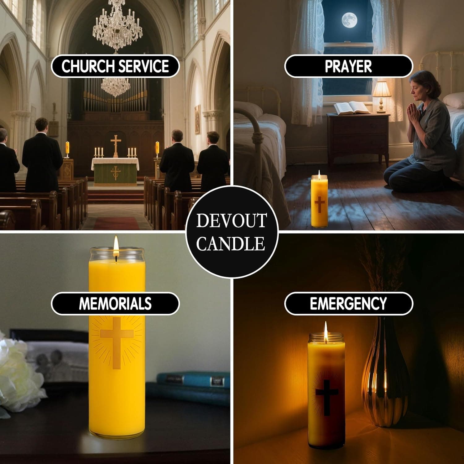 Anovia devout candle — for church service, prayer, memorials, and emergencies